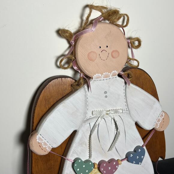 Handmade Wooden Angel Wall Hanging Folk Art Decor Hearts Garland 13" - Picture 3 of 8
